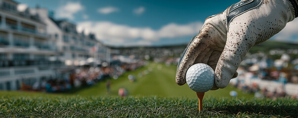 Golfer places the ball on the tee at the T-off area, preparing to start the hole during a professional tournament