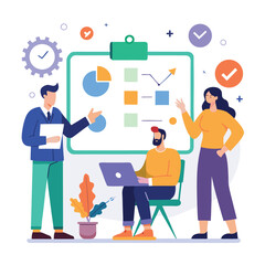 A creative team collaborates on an innovative business idea symbolized by a giant lightbulb