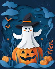Cute sheet ghost with witch hat on halloween pumpkin in paper cut style. Spooky night landscape with bats. Holiday seasonal celebration design.
