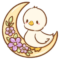 Cute goose sitting on crescent moon decorated with flowers whimsical night sky illustration perfect for dreamy nursery art celestial animal theme magical bedtime and floral moon design clipart