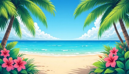 Pixel Art Tropical Beach Background with Palm Trunks and Pink Hibiscus Flowers