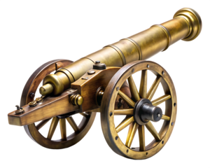 Antique brass cannon isolated on white background PNG.AI Generated.