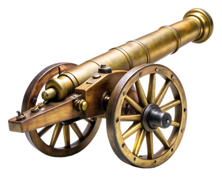 Antique brass cannon isolated on white background PNG.AI Generated.