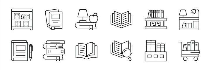 set of library thin line icon. contain essential library and learning resource, bookshelves, study tools, reading material and academic organization in digital design symbol sign. vector illustration