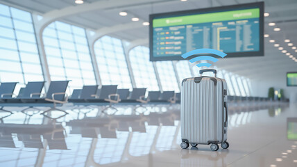 Fototapeta premium Smart luggage at airport terminal with wifi connection for travel and modern technology concept use case