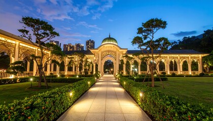 Obraz premium Majestic architecture and landscape converge in harmonious park at twilight