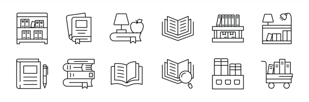 set of library thin line icon. contain essential library and learning resource, bookshelves, study tools, reading material and academic organization in digital design symbol sign. vector illustration