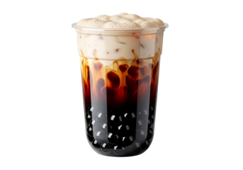 A transparent plastic cup filled with a brown drink and tapioca balls.