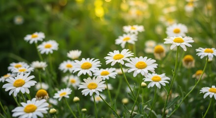 Field of Blooming White Daisies with Yellow Centers in Soft Focus Garden Light 