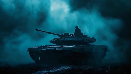 video of War concept featuring the silhouette of an armored vehicle in a battle scene against a foggy night sky. An American tank stands ready for combat in this creatively depicted scene