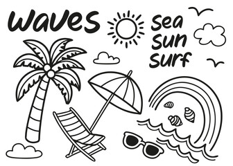 A Comprehensive Collection of Hand-Drawn and Silhouette Beach & Surf Themed Doodles, Icons, and Summer Elements in Black and White