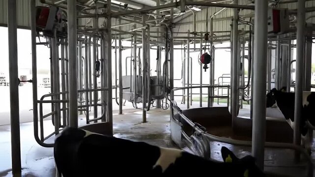 Cattle Deworming Station Interior with Metal Infrastructure Circular Containment Area with Cows Wet Floor and Natural Light