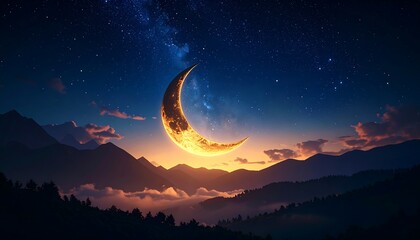 Majestic crescent moon glowing over misty mountain range at twilight