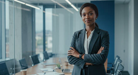 Confident businesswoman in office suit with arms crossed, standing in corporate environment