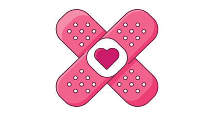 Two pink adhesive bandages crossed with a heart for healing and care