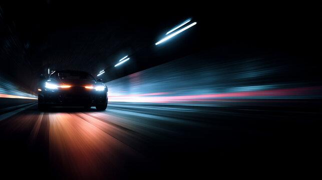 modern action shot of a super carcar going fast in a tunnel. The background features a dark colors gradient, The car's lights shine brightly against the black sky