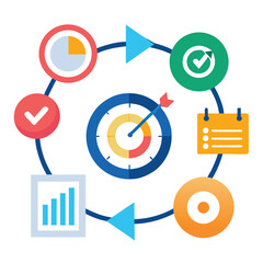 Obraz premium Business project management cycle with icons for planning, strategy, and goal achievement.