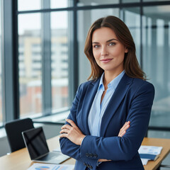 Confident businesswoman in office suit with arms crossed, standing in corporate environment
