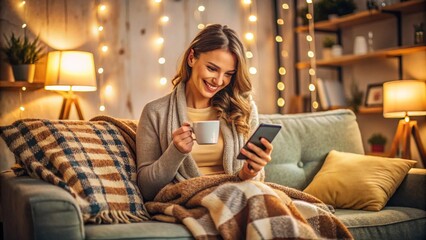 Young woman shopping online on her phone, sitting on a couch with a warm blanket, cozy room, cup of tea, soft lighting, e-commerce lifestyle