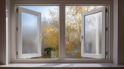 Bright morning light filters through open white windows, revealing vibrant autumn leaves outside.