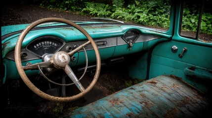 Vintage car interior with worn dashboard and steering wheel showing signs of age