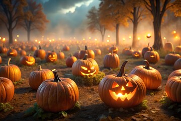 Obraz premium A vast field of glowing pumpkins and jackolanterns under a dark, misty autumn sky on halloween