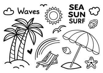 A Comprehensive Collection of Hand-Drawn and Silhouette Beach & Surf Themed Doodles, Icons, and Summer Elements in Black and White