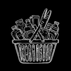Grocery Basket Filled with Various Beverage Containers and Kitchen Supplies on Black Background for Food Blogs, Meal Preparation Websites, and Kitchen Design Inspirations  
