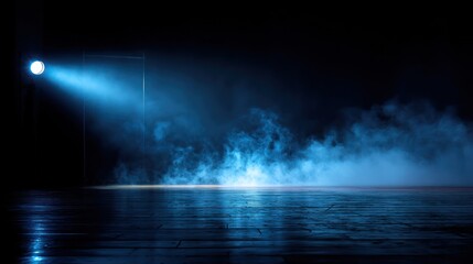Empty stage with spotlight and blue smoke