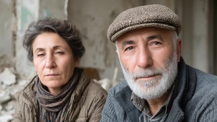 Quiet Resilience: A poignant portrait of a senior couple, embodying strength and fortitude in the face of adversity. They look straight ahead, with a stoic calmness and the weight of experience