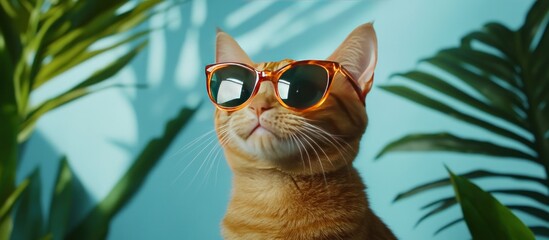 Orange tabby cat wears sunglasses, set amidst tropical plants, with a teal background