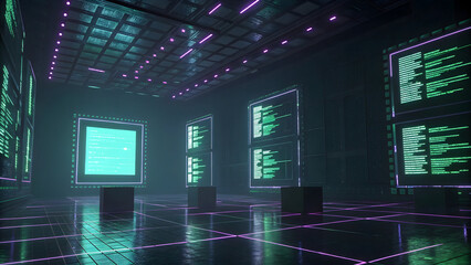 Glowing green code displays in dark futuristic room with purple grid floor technology programming technology, background, new, latest, web, ai background, futuristic hud, cyber security, neural