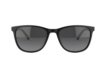 Stylish black sunglasses against a dark background.