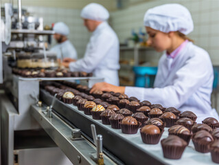 Confectionery workers making chocolate candies on factory production line