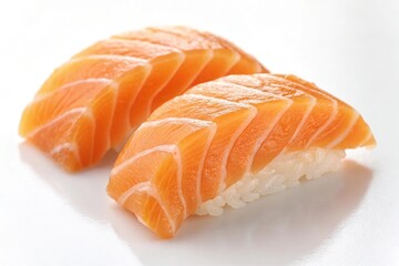 Two pieces of salmon nigiri sushi isolated on white background