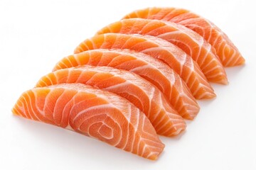 Fresh sliced salmon fillets arranged isolated on white background