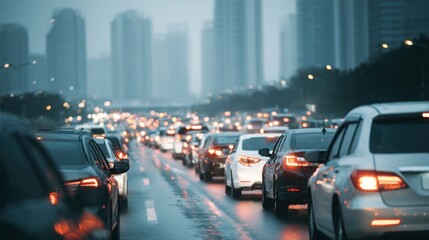 Naklejka premium Traffic congestion slows movement, raises emissions, and disrupts productivity in crowded cities worldwide. 