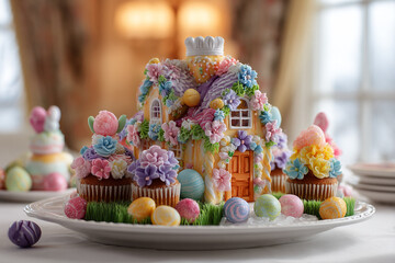 An elaborately decorated easter cake house with cupcakes, bunnies, and pastelcolored eggs, presented on a white plate