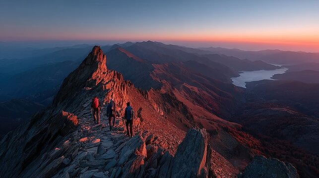 Friends Hiking to a Mountain Summit at Sunset