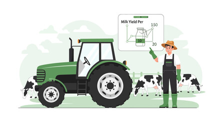Farmer Analyzing Milk Yield Data With Tractor And Cows Illustration