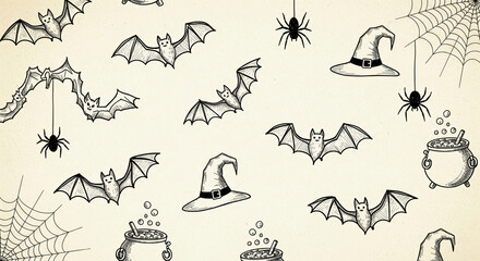 Naklejka premium A seamless repeating pattern featuring cute, hand-drawn Halloween doodles. The ink sketch illustration includes bats, spiders, spiderwebs, witch hats, and bubbling cauldrons on a textured paper.