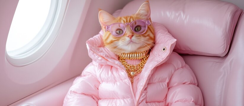 Cat on a plane in a pink puffer jacket, gold chain, and pink sunglasses
