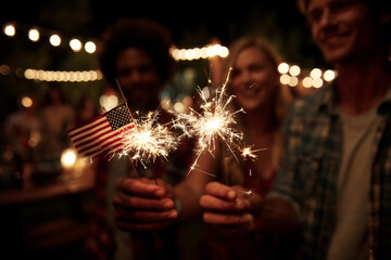 Independence Day celebration with sparklers and flag