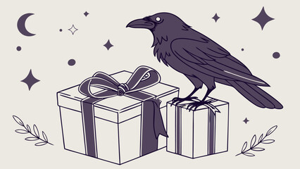 A raven perched atop gift boxes with ribbons under a moon and stars in a whimsical line art style image