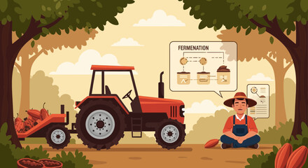 Obraz premium Cacao Cultivation Process With Red Tractor And Farming Techniques