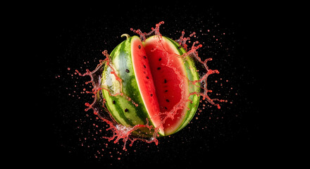 Watermelon Splash on Black Background: Refreshing Summer Fruit Explosion