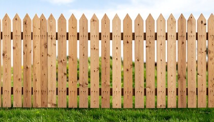Fototapeta premium Natural wooden fence separating lush green lawn against a clear blue sky backdrop