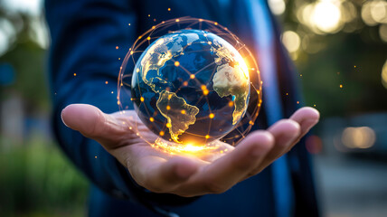 A glowing digital Earth globe floats above an open palm, symbolizing global connectivity and technological power