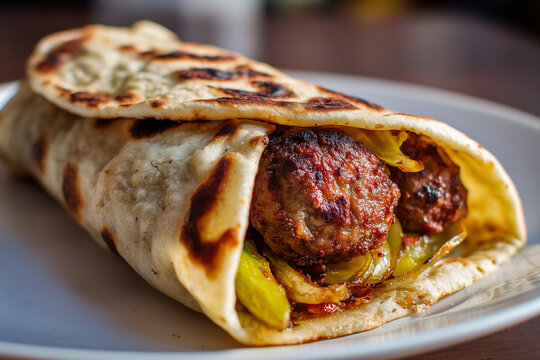 Kati roll with kofta and pickles wrapped in paratha