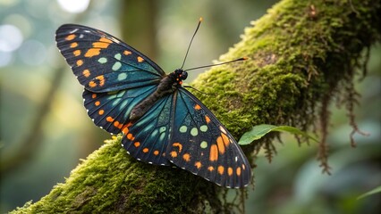 Vibrant butterfly with intricate patterns perched on a moss covered branch in a lush forest